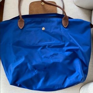 Large size blue Longchamp Le Pilage Tote.